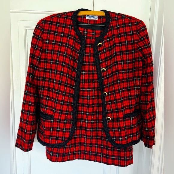 Pendleton Red Plaid Tartan Wool Skirt & Jacket Blazer Suit...